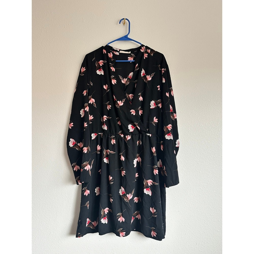 All in Favor Black Floral Wrap Mini Dress Long Sleeve XXL